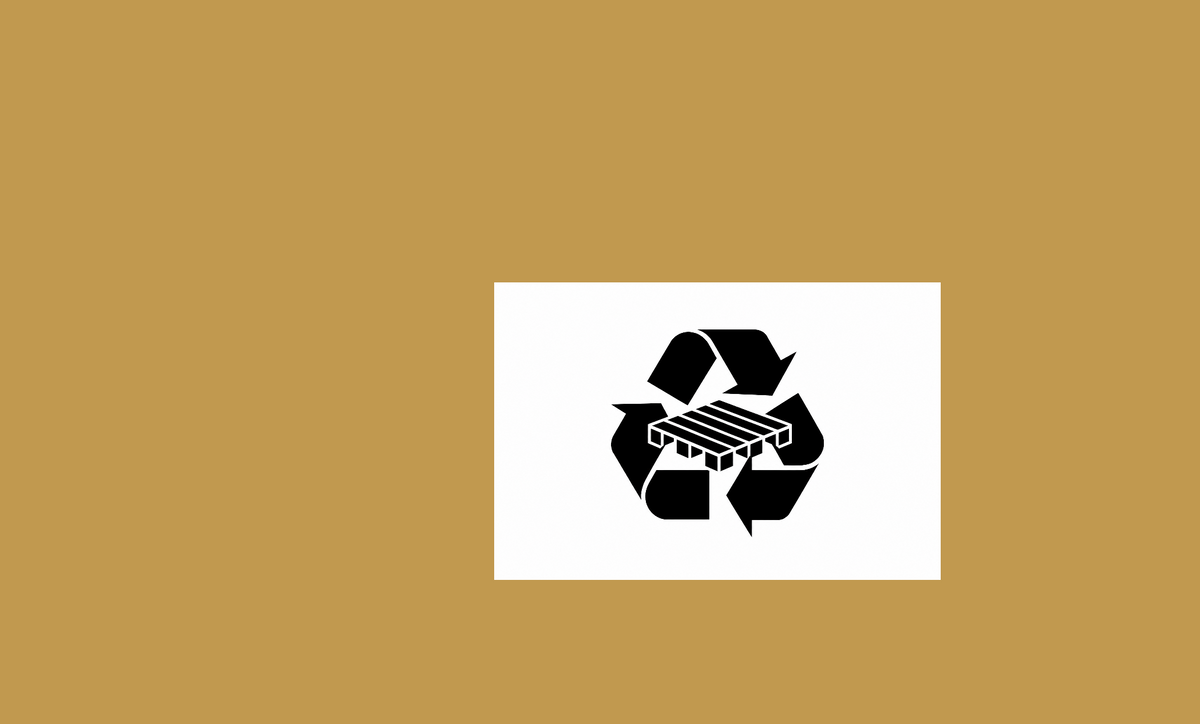 image of a wood pallet with a recycle logo