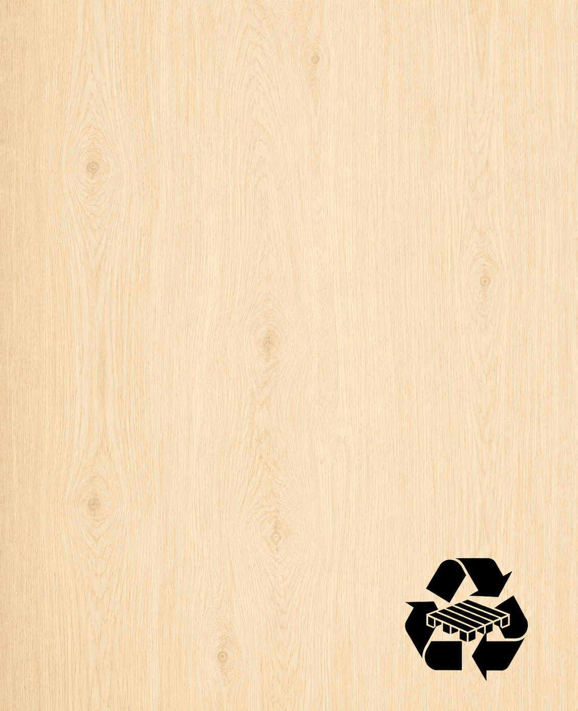 A light beige wood grain texture background with a black recycling symbol in the bottom right corner.