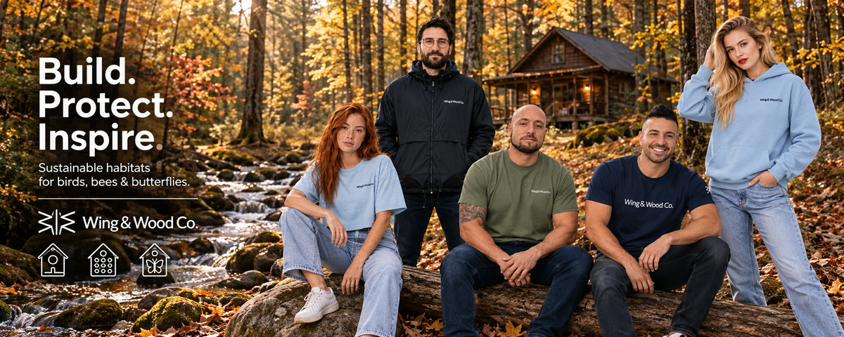 website banner image of 'wing & wood co.' models wearing website clothing. a fall forest background
