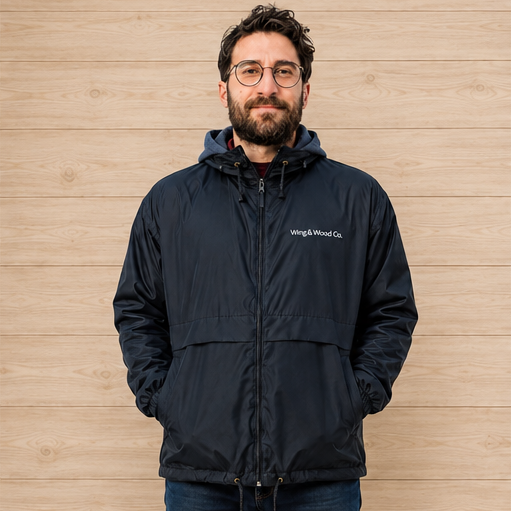 Wing & Wood Co. Model in windbreaker jacket