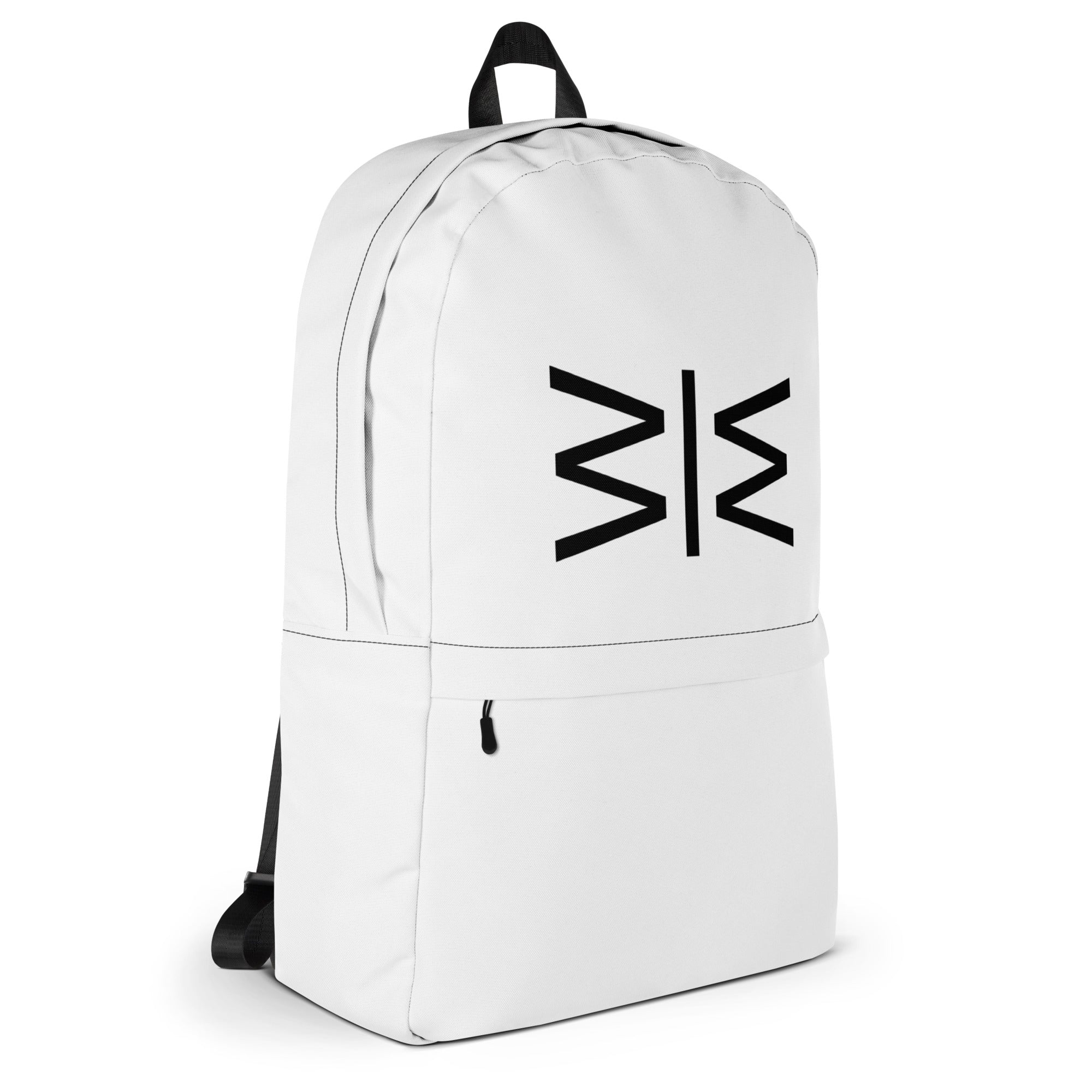 A white backpack with a black stylized logo on the front, shown on a clean white background.