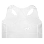 White racerback sports bra shown from the back, featuring a small black 'Wing & Wood Co.' logo centered below the neckline, set against a plain white background.