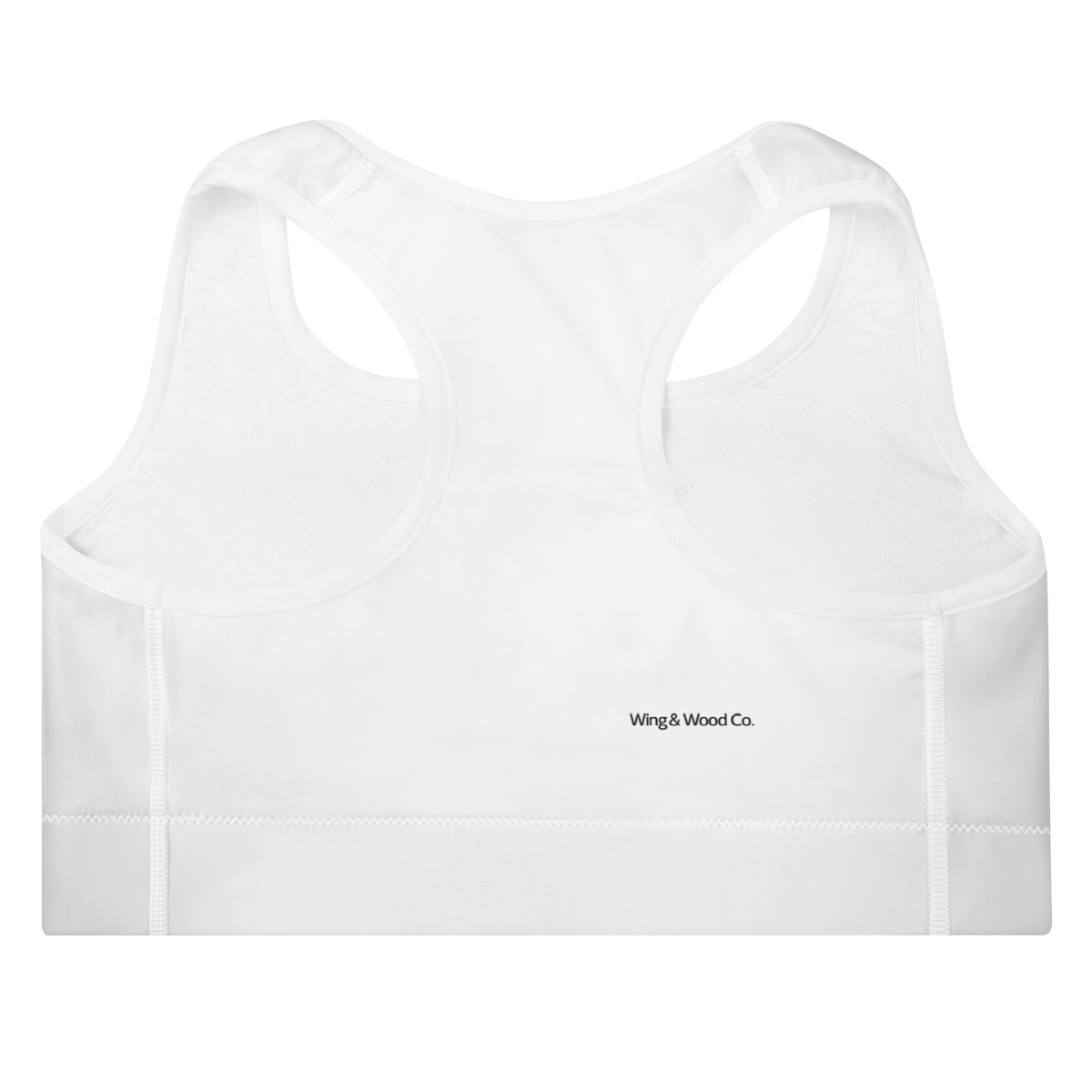 White racerback sports bra shown from the back, featuring a small black 'Wing & Wood Co.' logo centered below the neckline, set against a plain white background.