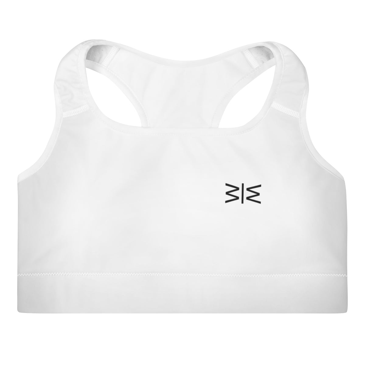 White racerback sports bra with a small black geometric logo on the left chest, shown against a plain white background.