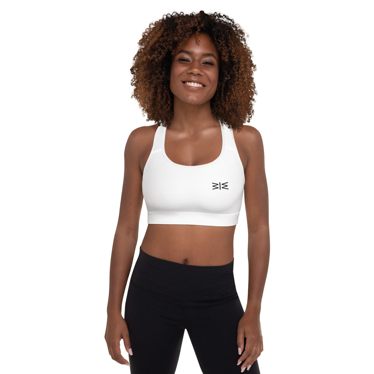 Woman wearing a white sports bra with a logo on a white background