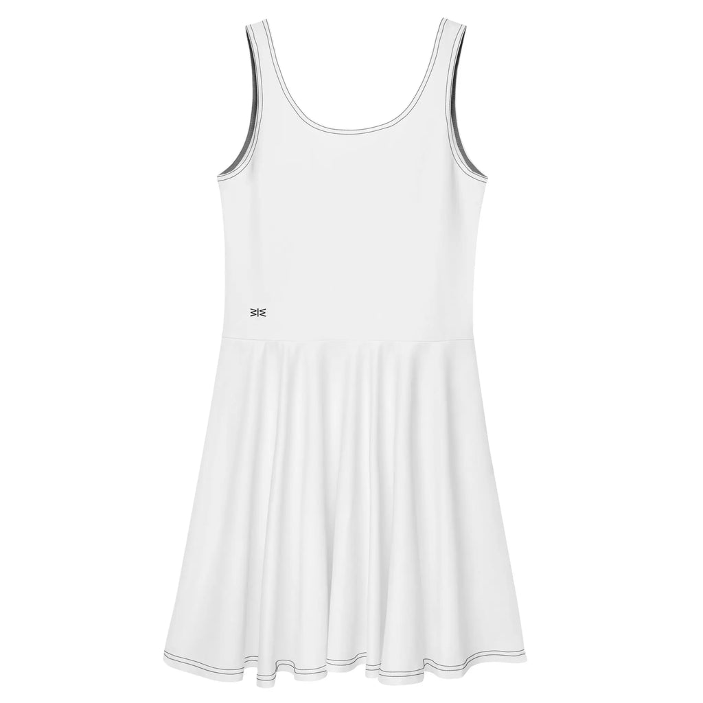 A white sleeveless athletic dress with a flared skirt, featuring thin dark gray trim along the scoop neckline and armholes, and a small dark logo on the left chest.