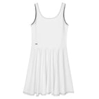 A white sleeveless athletic dress with a flared skirt, featuring thin dark gray trim along the scoop neckline and armholes, and a small dark logo on the left chest.