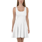 White sleeveless dress worn by a model on a white background