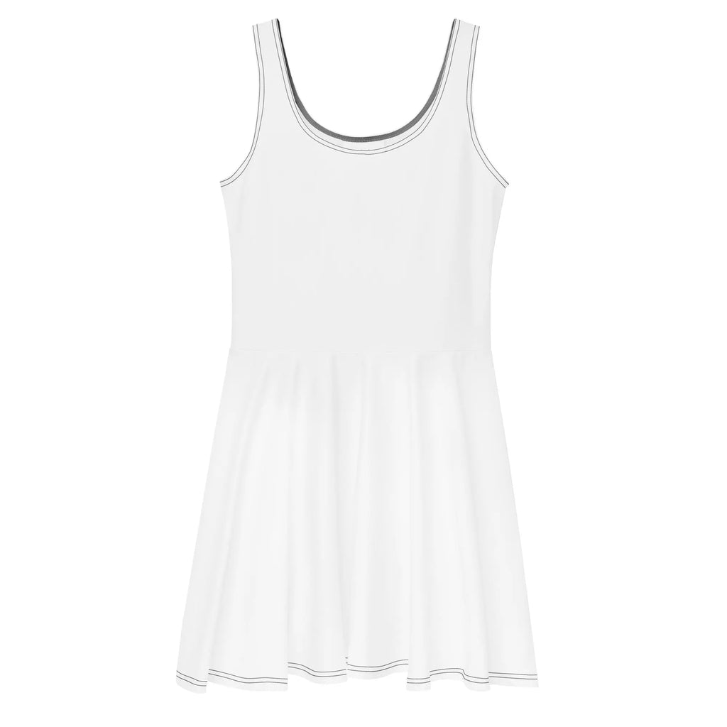 A white sleeveless skater dress with thin gray piping trim along the scoop neckline and hem, shown against a plain white background.
