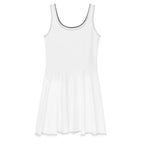A white sleeveless skater dress with thin gray piping trim along the scoop neckline and hem, shown against a plain white background.