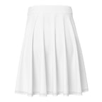 A white pleated skirt with a wide waistband and thin dark contrast piping along the hem, shown against a plain white background.