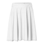 A white pleated skirt with a wide waistband and subtle double-stitched trim along the hem, shown against a plain white background.