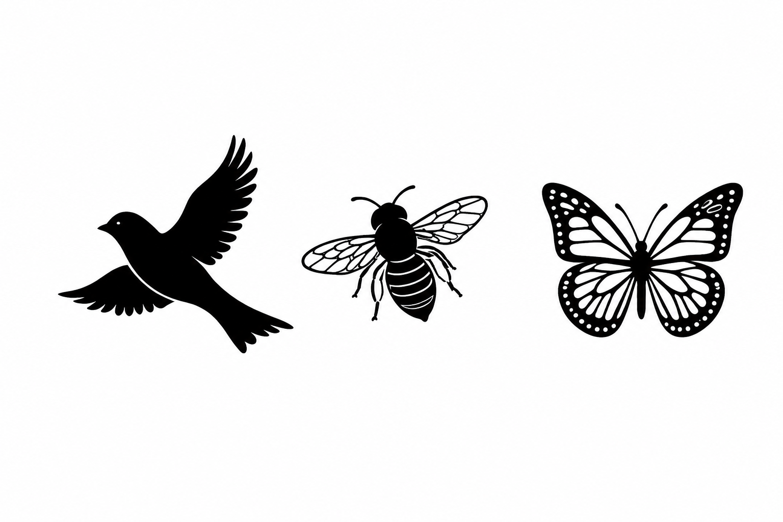 Three black animal silhouettes on a white background: a flying bird, a bee, and a butterfly.
