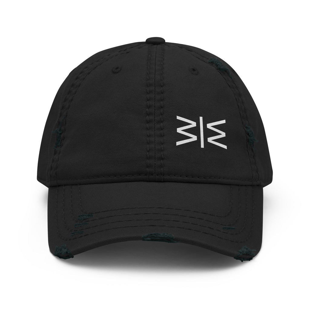 A black distressed baseball cap with a white stylized logo on the front, shown against a plain white background.