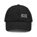 A black distressed baseball cap with a white stylized logo on the front, shown against a plain white background.