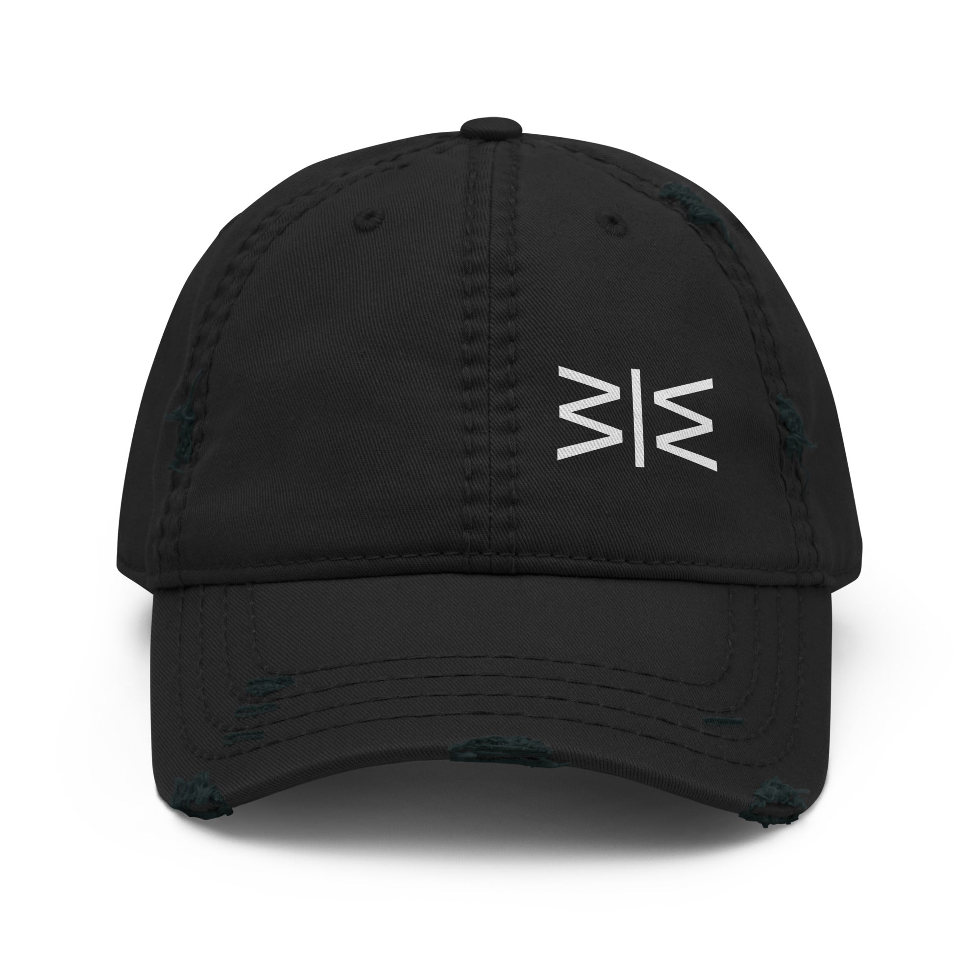 A black distressed baseball cap with a white stylized logo on the front, shown against a plain white background.