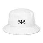 A white bucket hat with a black stylized logo on the front, displayed against a clean white background.