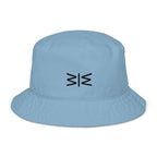 A light blue bucket hat with a black embroidered geometric logo on the front, displayed against a solid white background.
