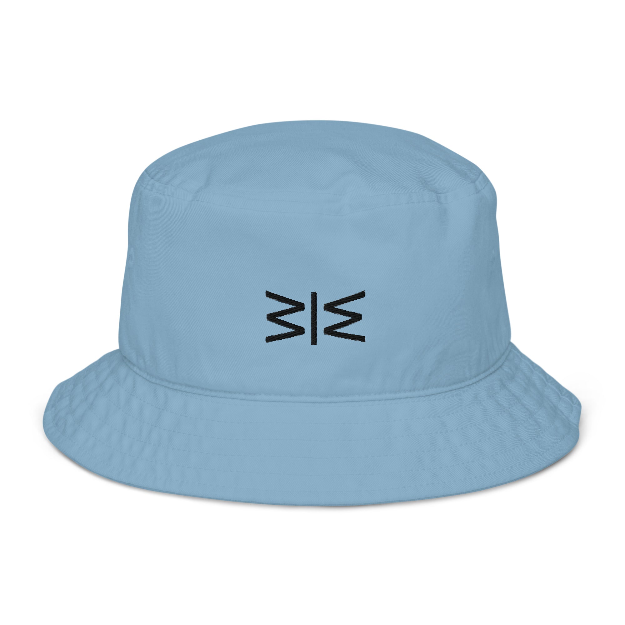 A light blue bucket hat with a black embroidered geometric logo on the front, displayed against a solid white background.