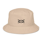 A beige bucket hat with a black embroidered geometric logo on the front, displayed against a clean white background.