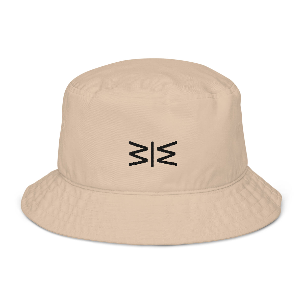 A beige bucket hat with a black embroidered geometric logo on the front, displayed against a clean white background.