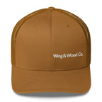 A brown trucker-style baseball cap with a white embroidered logo reading 'Wing & Wood Co.' on the front, shown against a plain white background.