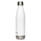 A white insulated water bottle with a brushed silver metal cap and base, shown on a plain white background. Partial black text near the bottom reads '.