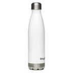 A white insulated water bottle with a brushed silver stainless steel cap and base, featuring the partial black text 'Wing.