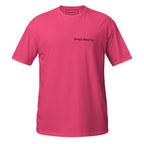 Pink t-shirt with 'wing & wood co.' text on a white background