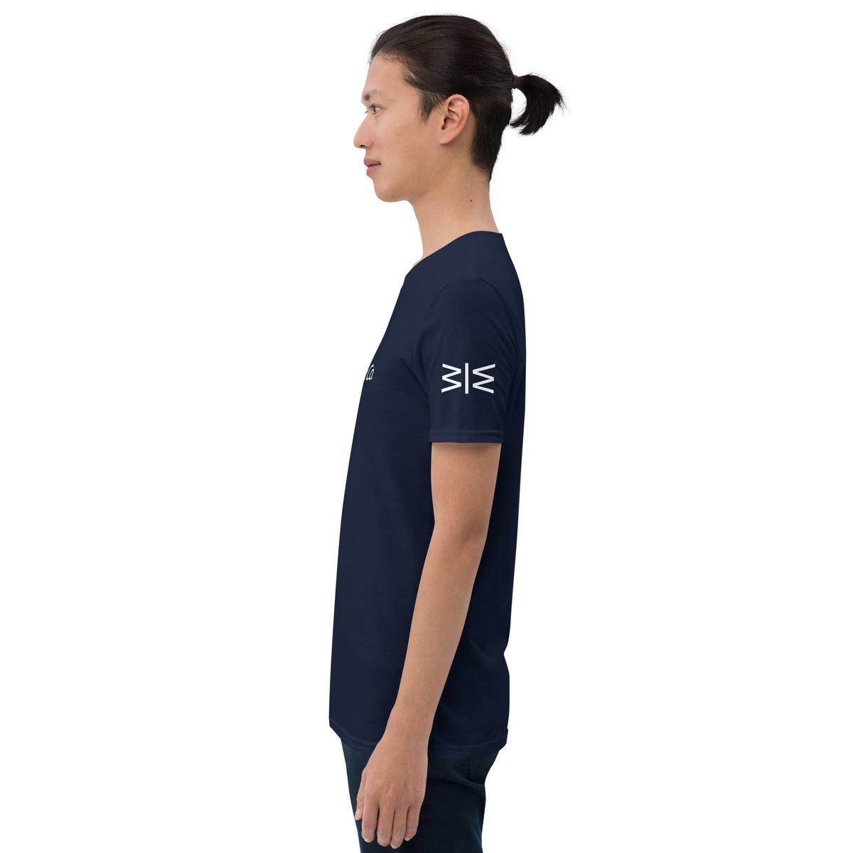A side-profile view of a person wearing a black short-sleeve t-shirt with a white shark graphic and the word 'SIDALIA' on the sleeve, against a plain white background.