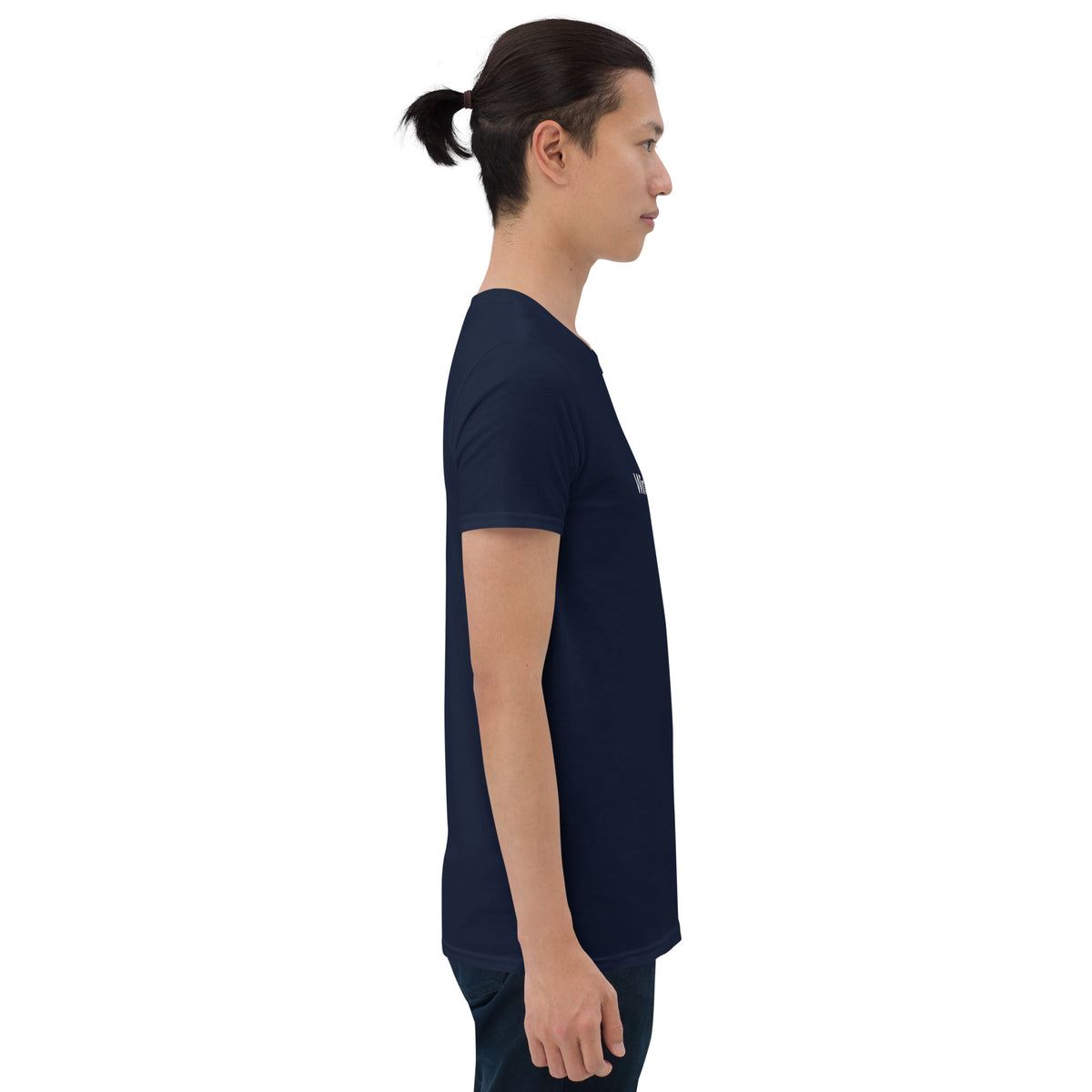 Person wearing a black t-shirt on a white background