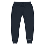 Black jogger pants with a small logo on a white background