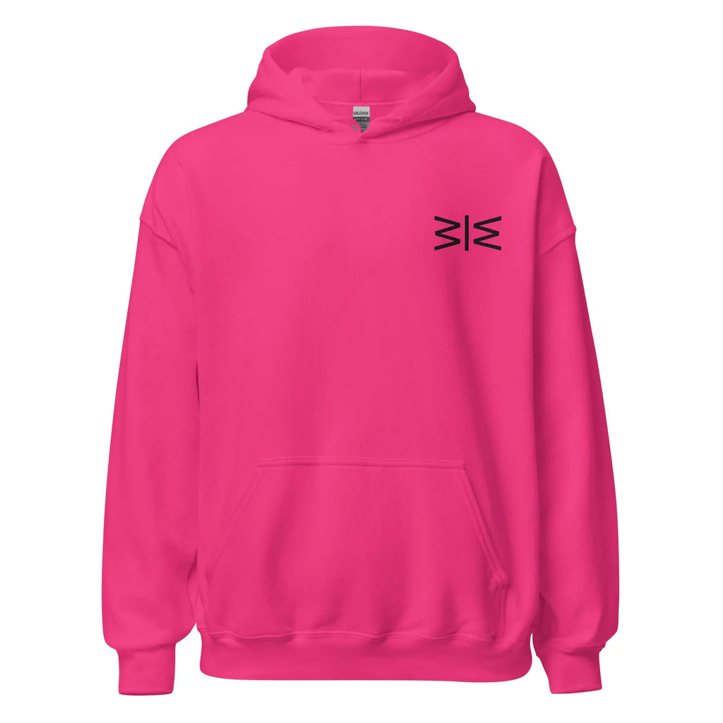 Pink hoodie with a small logo on the chest against a white background