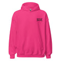 Pink hoodie with a small logo on the chest against a white background