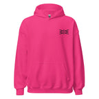 Pink hoodie with a small logo on the chest against a white background