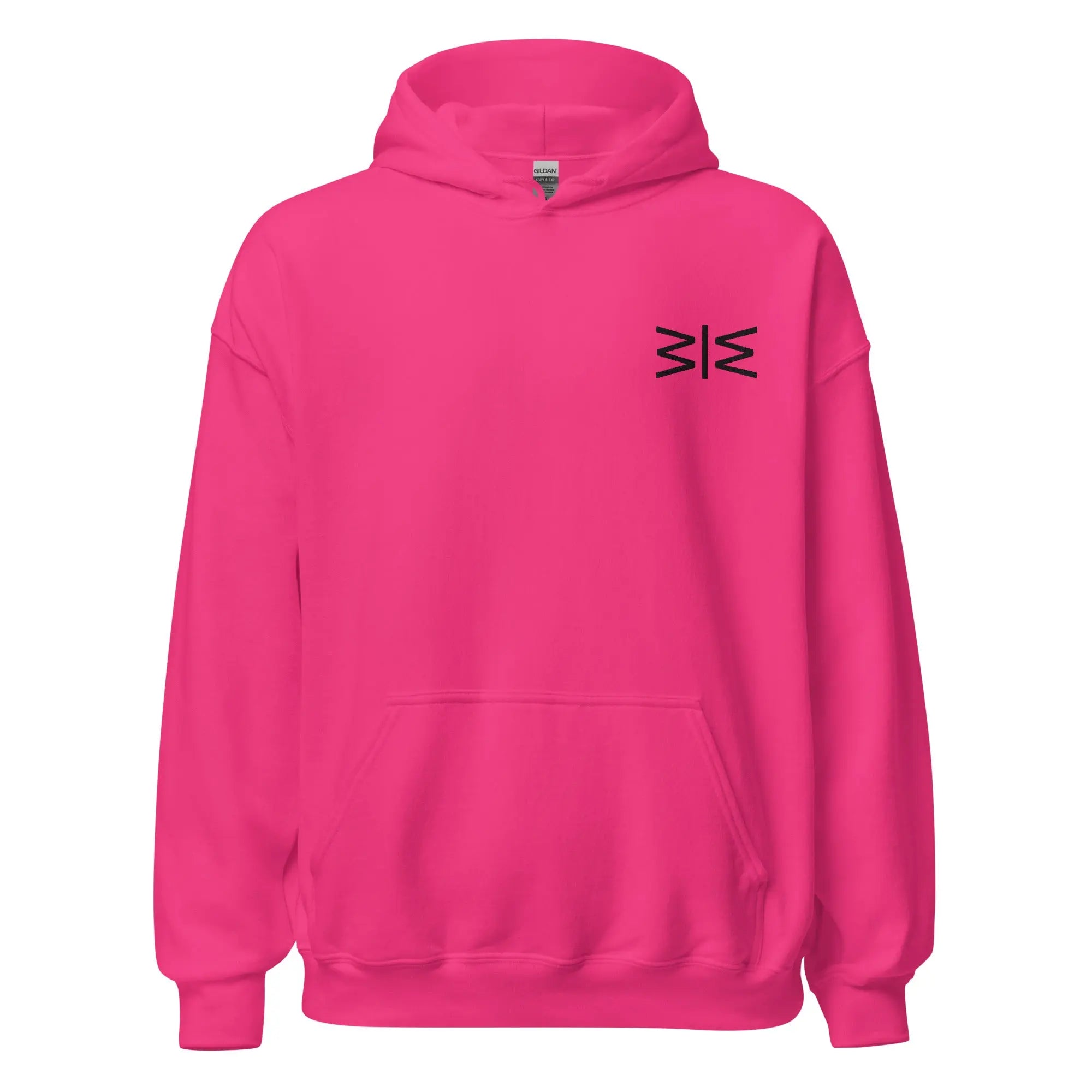 Pink hoodie with a small logo on the chest against a white background