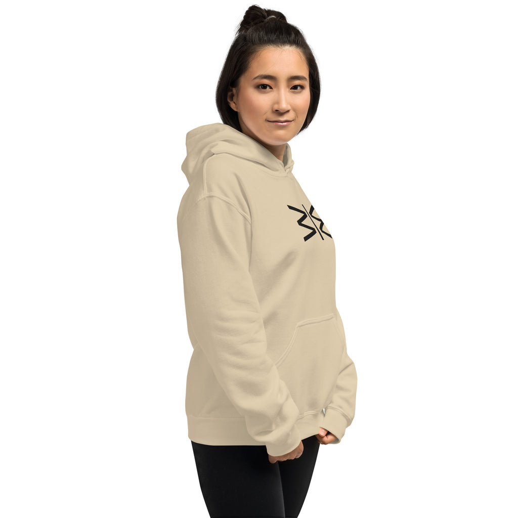 Woman wearing a beige hoodie with a logo on a white background