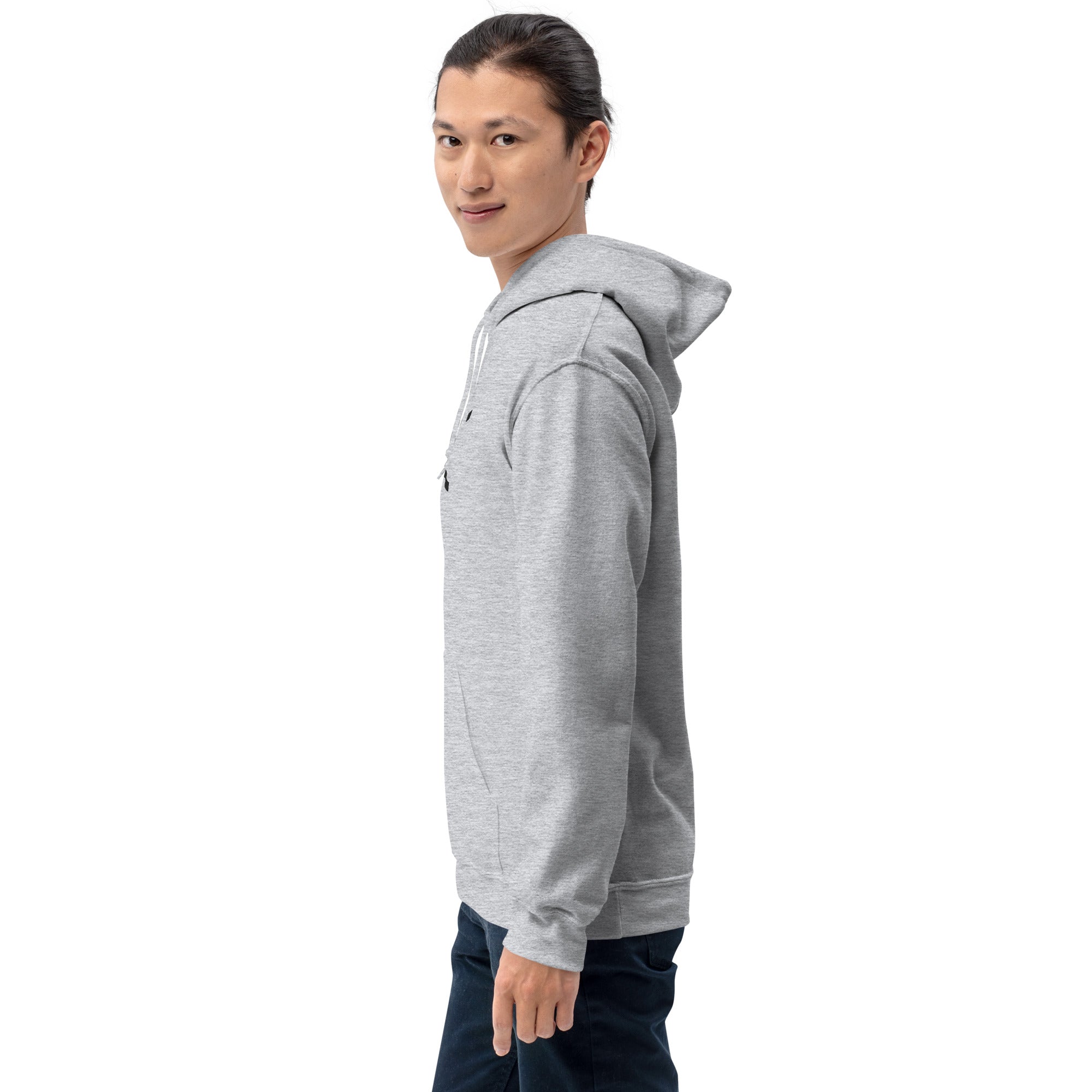 Person wearing a gray hoodie on a white background