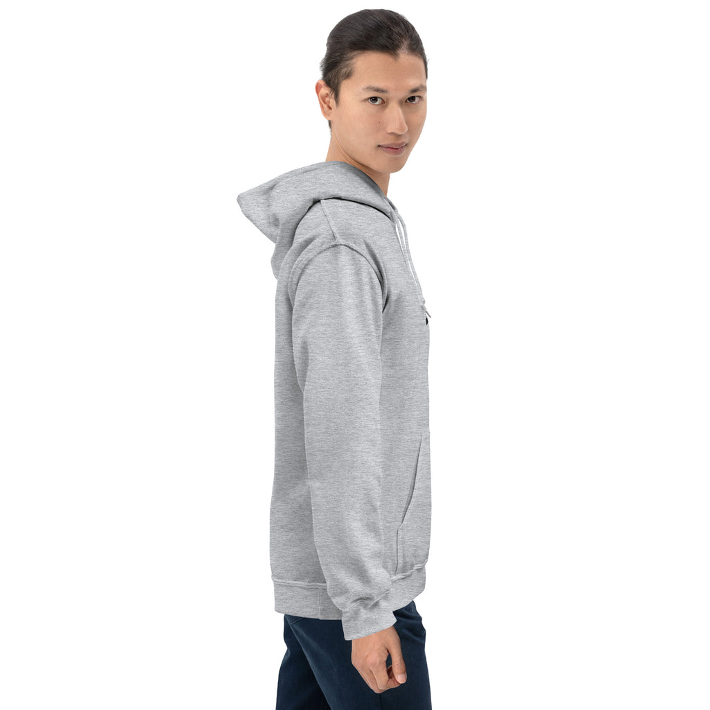Person wearing a gray hoodie on a white background