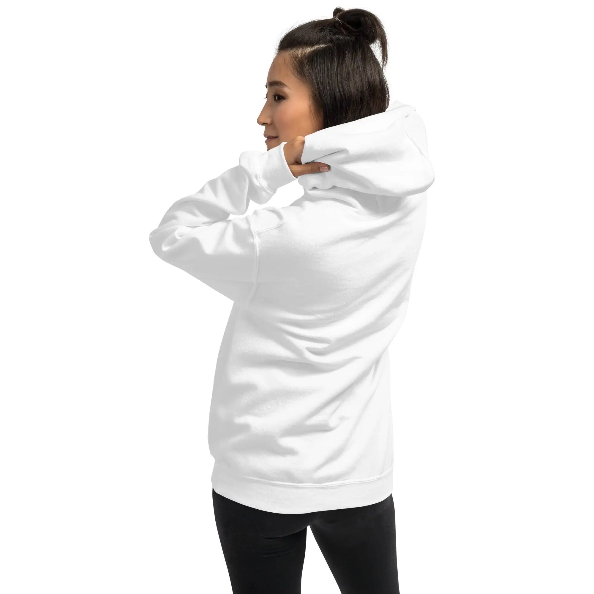 Person wearing a white hoodie on a white background