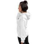 Person wearing a white hoodie with brand logos on a white background