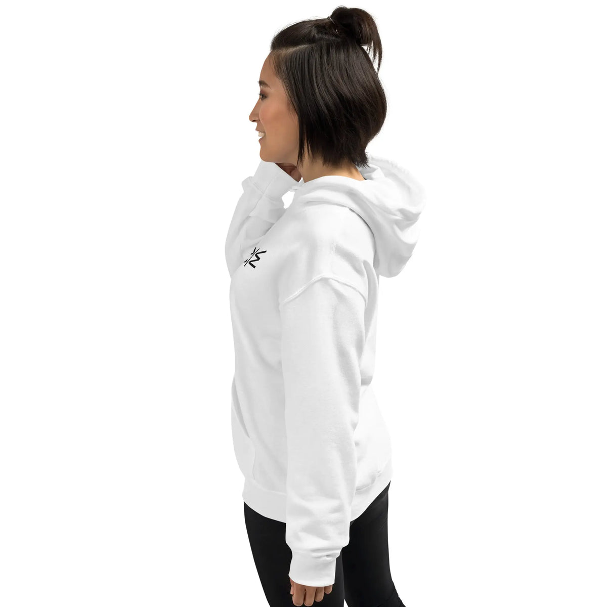 Person wearing a white hoodie with brand logos on a white background