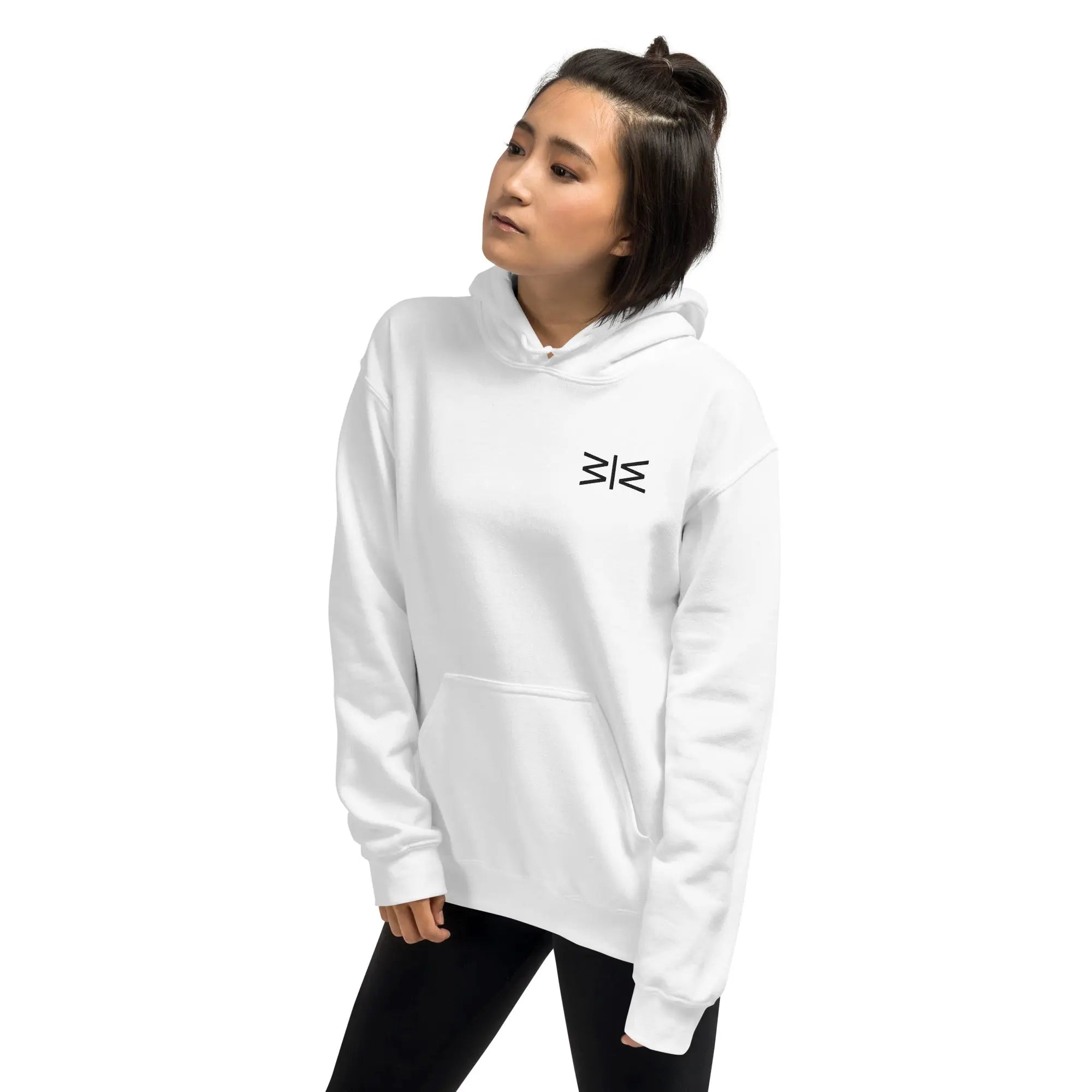 Person wearing a white hoodie with a logo on a white background