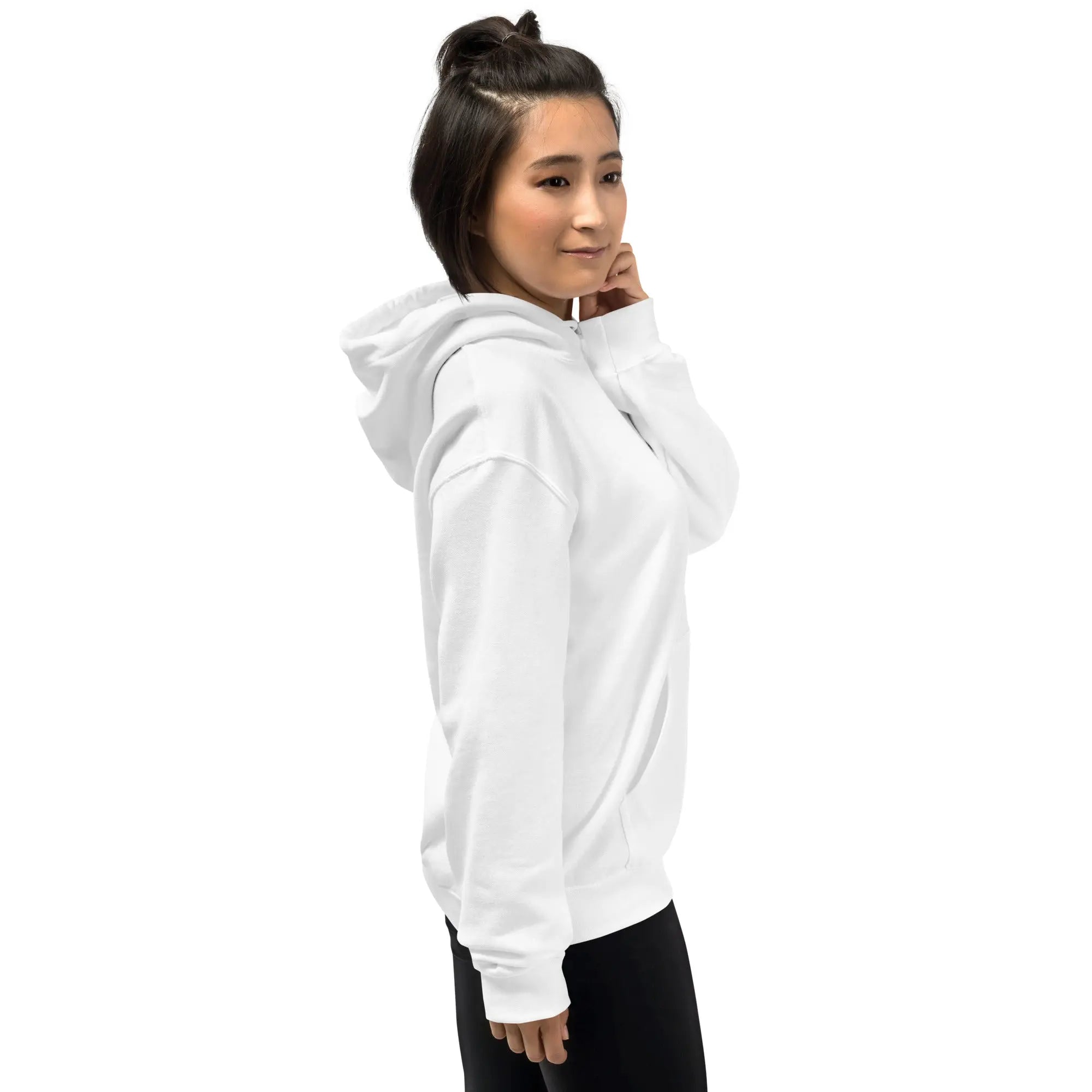 Person wearing a white hoodie on a white background