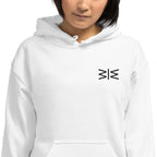 White hoodie with 'NEVER UNDERESTIMATE' text on a white background