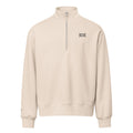 A light beige quarter-zip sweatshirt with a mock neck collar and a small black embroidered logo on the left chest, displayed on a clean white background.