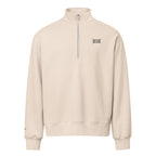 A light beige quarter-zip sweatshirt with a mock neck collar and a small black embroidered logo on the left chest, displayed on a clean white background.