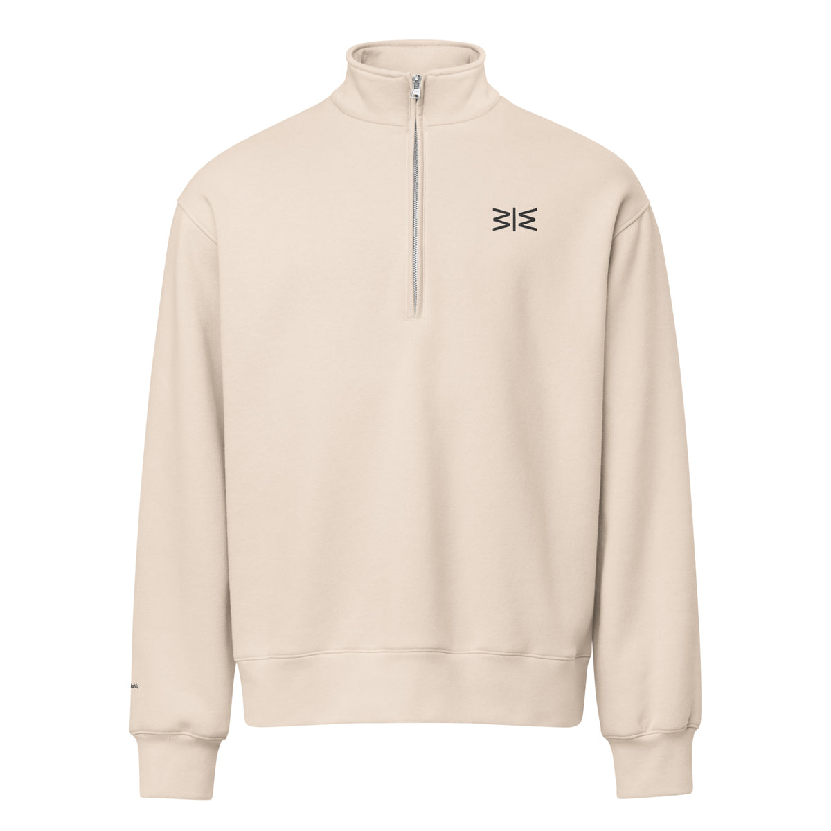 A light beige quarter-zip sweatshirt with a mock neck collar and a small black embroidered logo on the left chest, displayed on a clean white background.