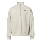 A light heather gray quarter-zip sweatshirt with a small black geometric logo on the left chest, displayed on a solid white background.