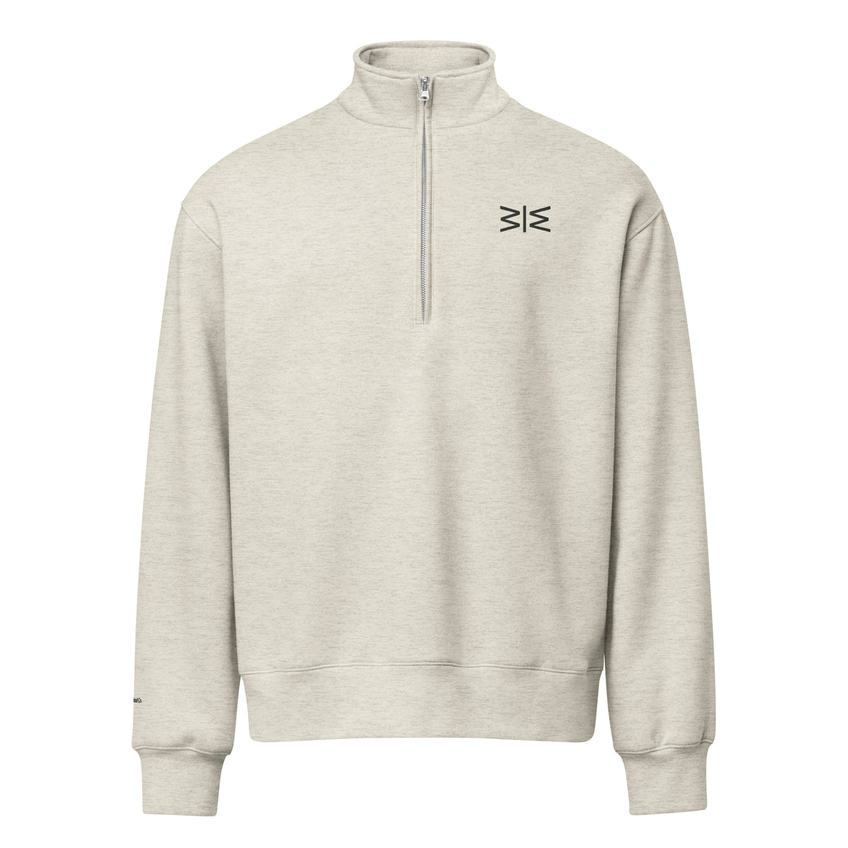 A light heather gray quarter-zip sweatshirt with a small black geometric logo on the left chest, displayed on a solid white background.